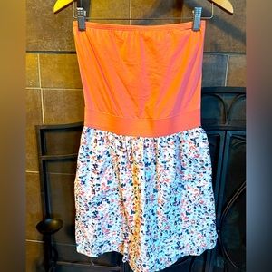 Guess strapless midi-dress | solid pink top w/ banded waist and floral skirt Med